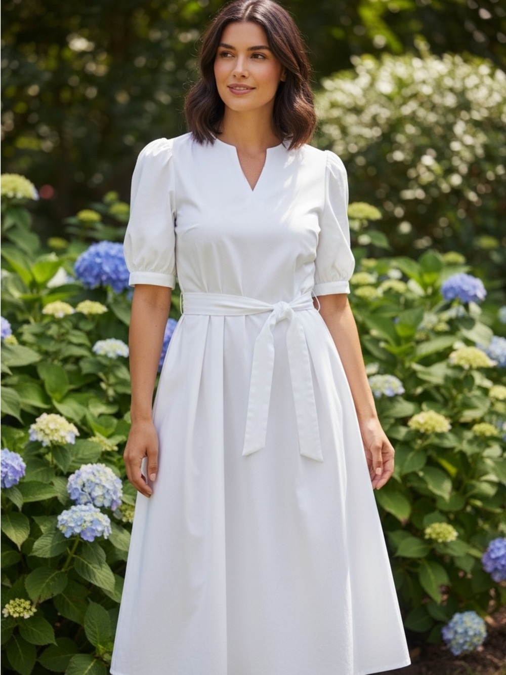 Classic White Midi Dress with Tie Waist Size 2XL #676